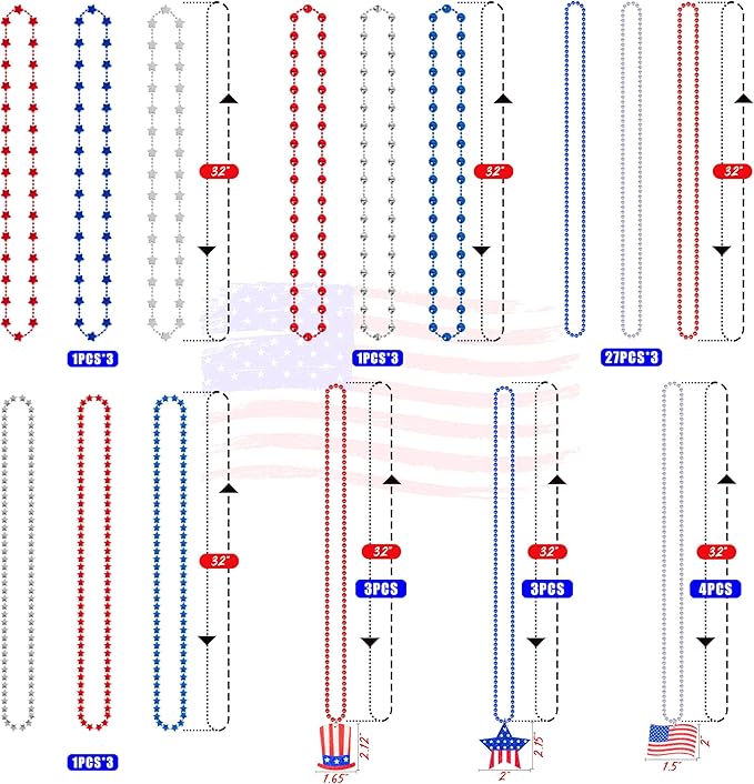 Moon Boat 100PCS 4th of July Accessories Necklaces: Blue White and Red Beads Bulk, Patriotic Party Independence Memorial Day Favors Toys Decorations