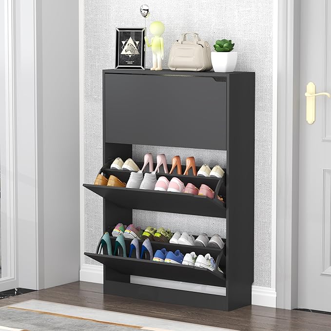 Shoe Cabinet with 3 Flip Drawers, 47" Slim Hidden Wood Shoe Storage Cabinet with Adjustable Shelf, Freestanding Narrow Shoe Rack Organizer for Entryway, Hallway, Black