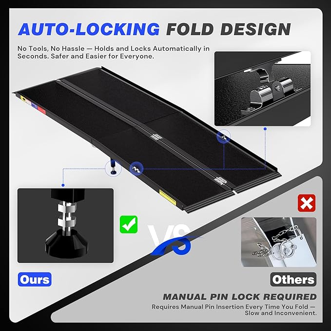 7 Feet Portable Wheelchair Ramp with Sopport Legsk, Black Seamless Non-Slip Aluminum Folding Handicap Ramp,Threshold Ramp for Doorways, Wheel Chair Ramp for Home Steps