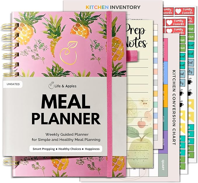 Life & Apples Meal Planner with Grocery List – Undated Weekly Menu & Meal Prep Notebook for Women & Men, Healthy Eating & Weight Loss Planner, 52-Week Spiral Bound Journal, Pineapples