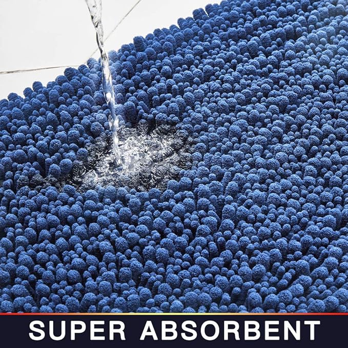 Walensee Bathroom Rug Non Slip Bath Mat (24x17 Inch Dark Blue) Water Absorbent Super Soft Shaggy Chenille Machine Washable Dry Extra Thick Perfect Absorbant Best Small Plush Carpet for Shower Floor