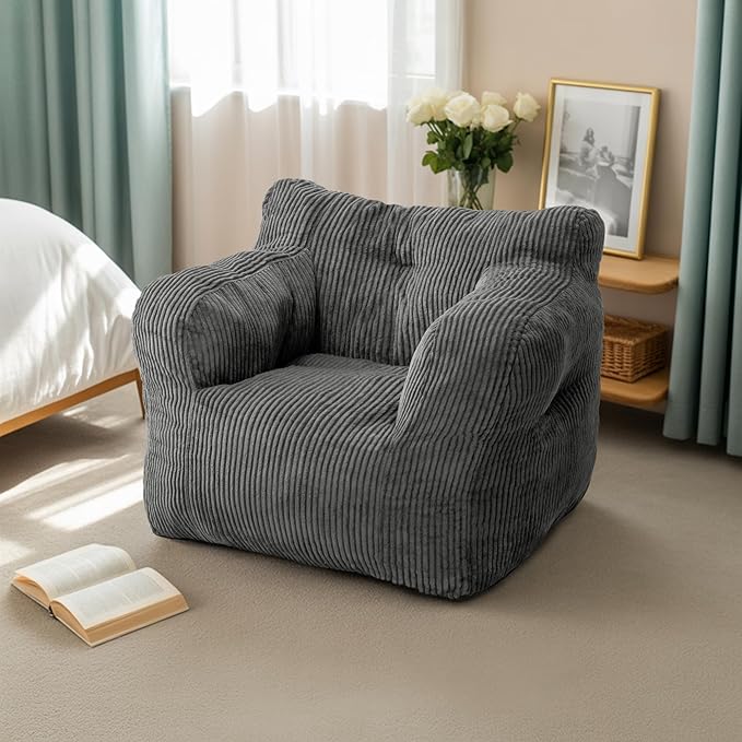 32" Bean Bag Chair,Loveseat Sofa,Corduroy Lazy Sofa Bed for Adults,Fit Living Room, Bedroom,Outdoor Spaces,Ultra Soft Dutch Velvet,Fluffy Comfort Washable Cover,72h Rebound,Grey