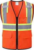 Reflective Safety Vest for Men Women Hi Vis Vest with Pockets High Visibility Vest Mesh Construction Vests Meets ANSI/ISEA Standards (Orange-33, Medium)