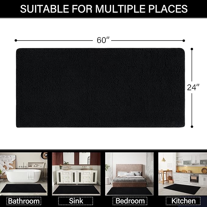LOCHAS Luxury Bathroom Rug Shaggy Bath Mat 24 x 60 Inch, Washable Non Slip Bath Rugs for Bathroom Shower, Soft Plush Chenille Absorbent Carpets Mats, Black