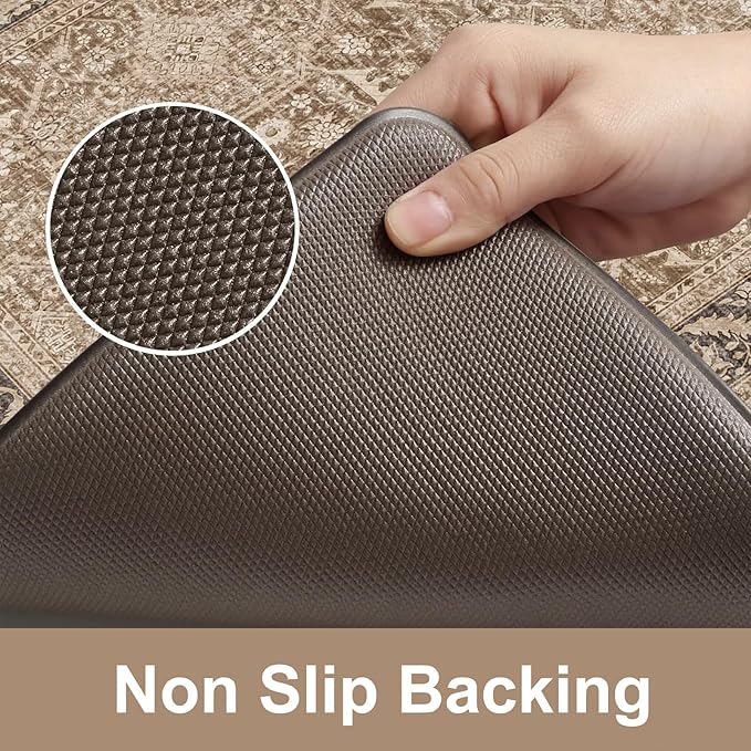KIMODE Farmhouse Anti Fatigue Kitchen Mat, 17"x59"+17"x29" Vintage Kitchen Rugs, Waterproof Kitchen Floor Mats Non Slip, Comfort Foam Standing Mat for Sink, Laundry, Office, Desk Brown
