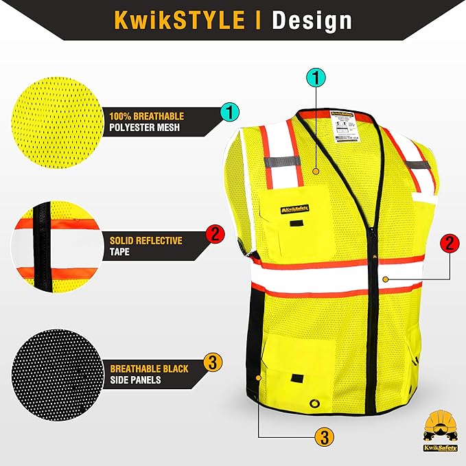 KwikSafety - Charlotte, NC - BIG KAHUNA Safety Vest [2 PACK] Class 2 ANSI OSHA Reflective Vest Durable High Visibility Vest Construction Safety Vest for Men Industrial Work Gear/Yellow Medium