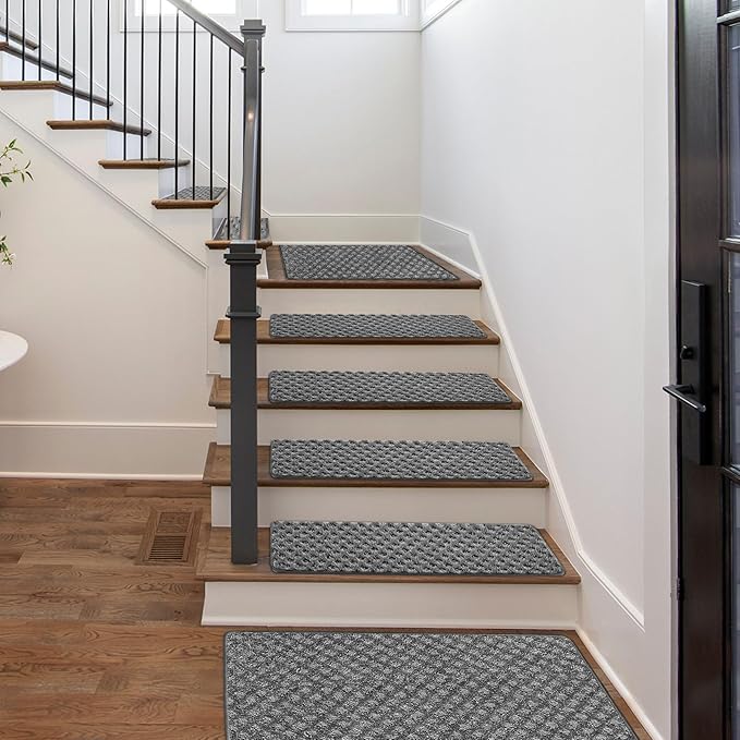 PURE ERA Carpet Stair Treads Tape Free Non Slip Indoor Stair Carpet Stair Protectors Pet-Friendly Non-Slip Skid Resistant Washable Reusable 8" x 30"(14 Pieces,Gray Mini-Diamond Trellis)
