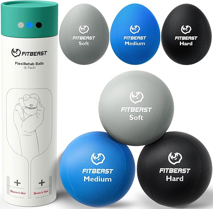 FitBeast Stress Balls for Adults, 6-Pack Hand Therapy Balls, Soft, Medium, Hard Tri-Density, Green, Orange, Blue