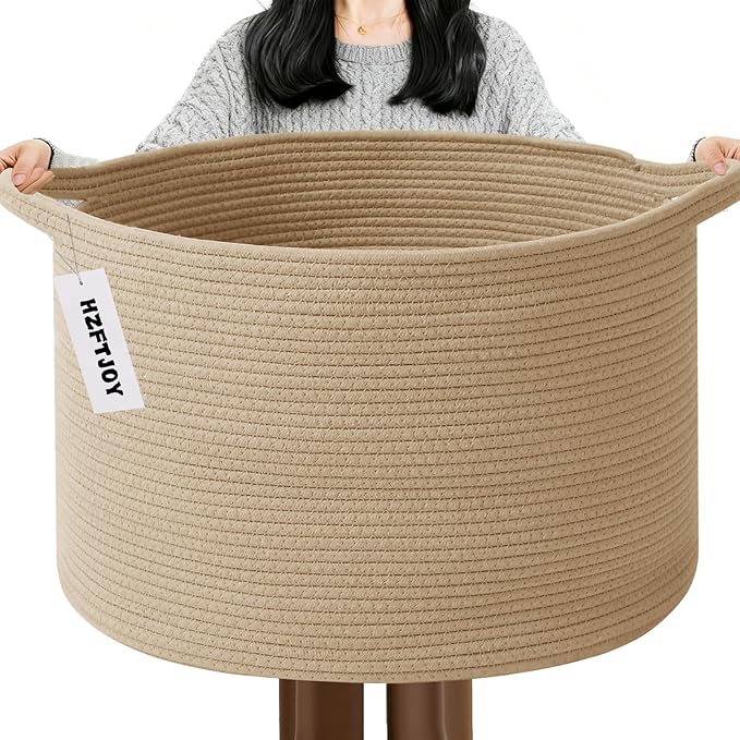 Large Storage Basket with Handle,19.7" L x 19.7" W x 13" H Blanket Basket Storage Bins for Organizing,65L Cotton Rope Woven Baskets for Living Room, Nursery ,Bedroom,Camel
