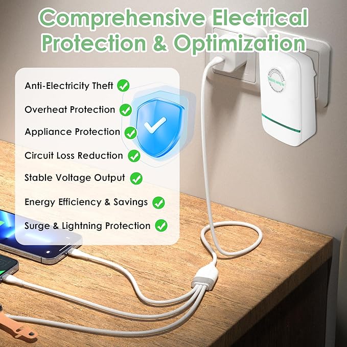 Power Saver & Voltage Stabilizer Device for Home Office (90V-250V), Current Balancing Energy Box with Overload Protection, Flame-Retardant ABS Plug & Play for Apartments, Renters & Small Businesses