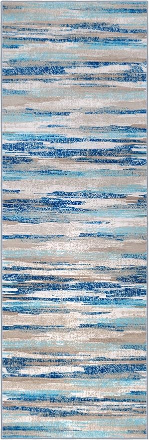 Abstract Runner Rug 2x6, Blue Washable Hallway Runner Rug Non-Slip, Soft Printed Kitchen Runner, Thin Faux Wool Runners for Hallways, Modern Floor Carpet for Entryway Bedroom Hall Indoor