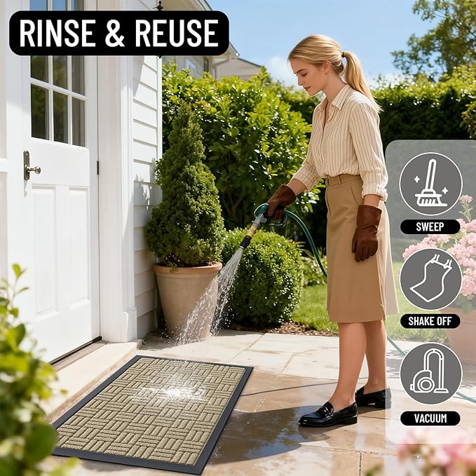 OLANLY Front Door Mat Outside Entrance 47x17, Absorbent, Heavy Duty Sturdy Natural Rubber Doormat Indoor Outdoor, Stain and Fade Resistant, Non-Slip Backing Low Profile Floor Mat for Entryway, Beige