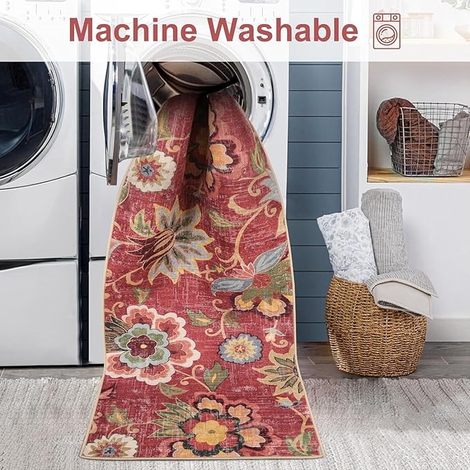 Beeiva Floral Runner Rug Non Slip, Vintage Red 2.5x12 Rug Runner for Hallways Non-Slip, Printed Distressed Ultra Thin Foldable Washable Runner Rug for Bedroom Bathroom Christmas