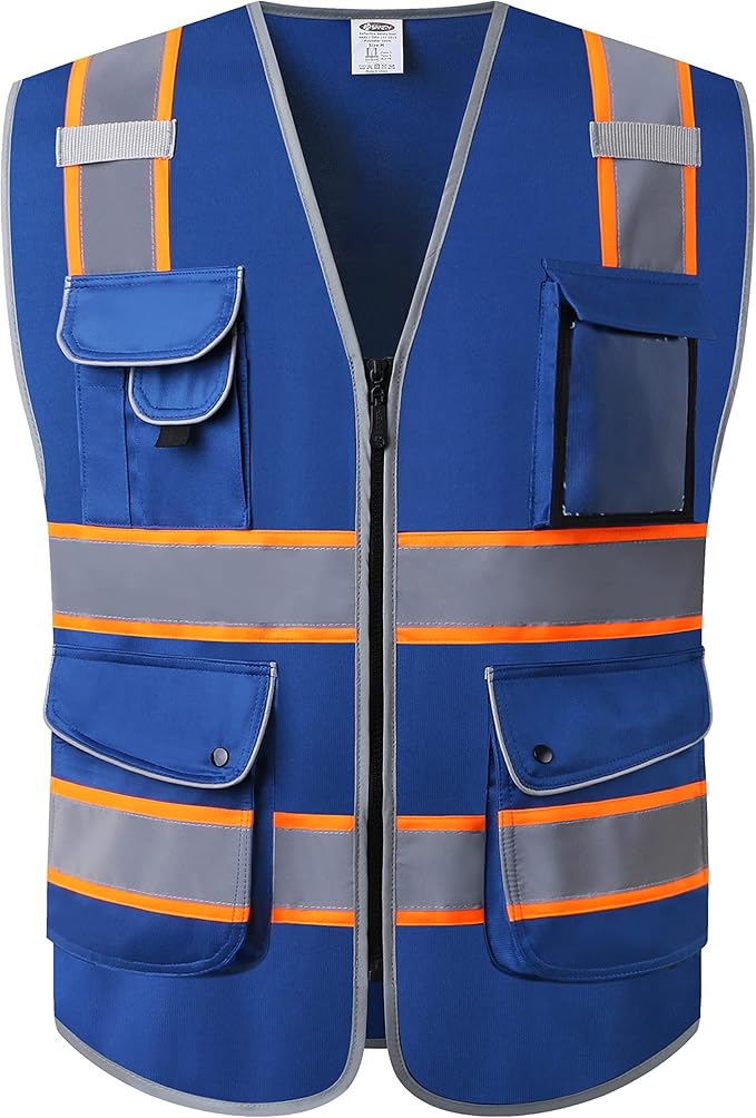 JKSafety 9 Pockets High Visibility Zipper Front Safety Vest | Blue with Dual Tone High Reflective Strips | Meets ANSI/ISEA Standards (901-Blue, X-Large)
