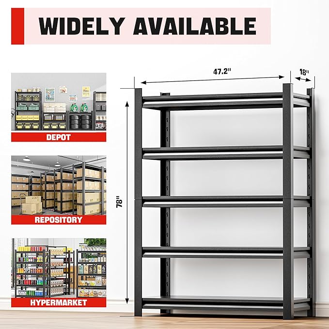 Garage Storage Rack – Heavy Duty 5 Shelf Metal Shelving, Durable Storage Organizer for Tools, Equipment, and Supplies, Perfect for Maximizing Garage and Utility Space 18" D x48 W x78 H