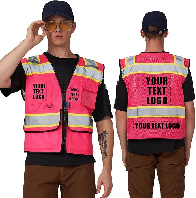 A-SAFETY High Vis Reflective Safety Vest for Men Women Zipper Ipad Pockets Mesh Construction Apparel Neon Vest for Work