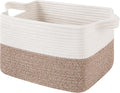 OIAHOMY Woven Storage Basket for Shelves, Rectangle Cotton Rope Baskets for Organizing, 13 x 10 x 9 in, Storage Bins for Dog Toys,Towel,Books,Gift,Flax Brown and White
