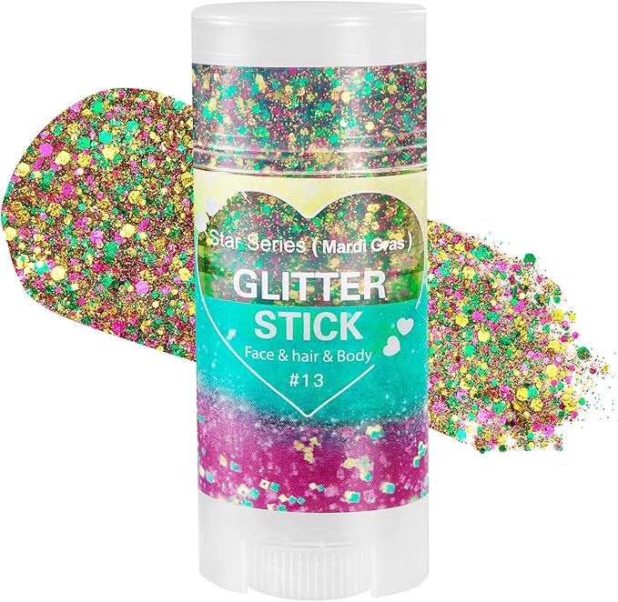 Mysense Mardi Gras Face Hair Body Glitter Stick,Mardi Gras Outfit for Women,Purple Green Gold Glitter Makeup,Festival Party Rave Accessories Sparkling Chunky Glitter