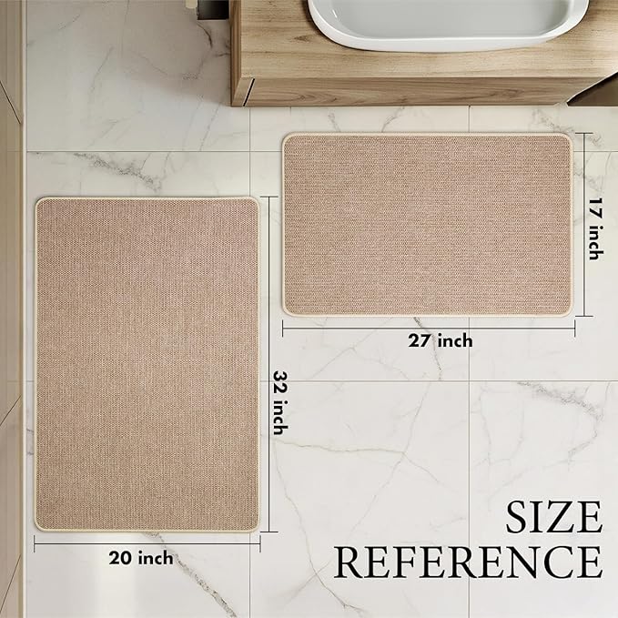 MIULEE Set of 2 Ultra Thin Bathroom Rugs, Rubber Bath Mats for Bathroom Non Slip, Quick Dry Absorbent Bath Rug Machine Washable, Fit Under Door, Shower, Sink, Home Decor, Beige, 17"x27"+20"x32"