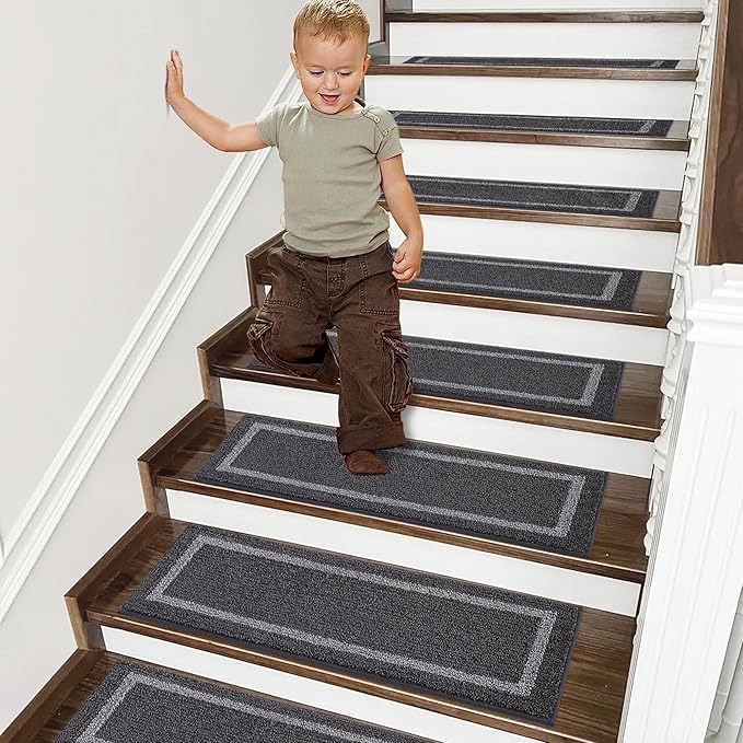 COSY HOMEER Soft Stair Treads Non-Slip Carpet Mat 28inX9in Indoor Stair Runners for Wooden Steps,Stair Rugs for Kids and Dogs, 100% Polyester TPE Backing 10pcs,Black,Square