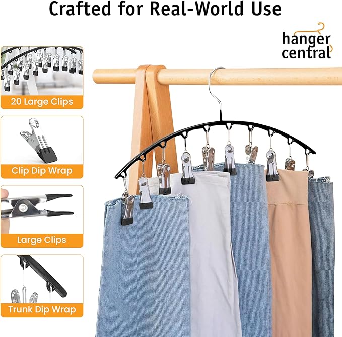 Hanger Central Legging Organizer for Closet – 2 Pack Metal Yoga Pants Hangers with 10 Non Slip Clips Each – Space Saving Hanging Closet Organizer for Clothes, Dorm Storage, Wardrobe – Black
