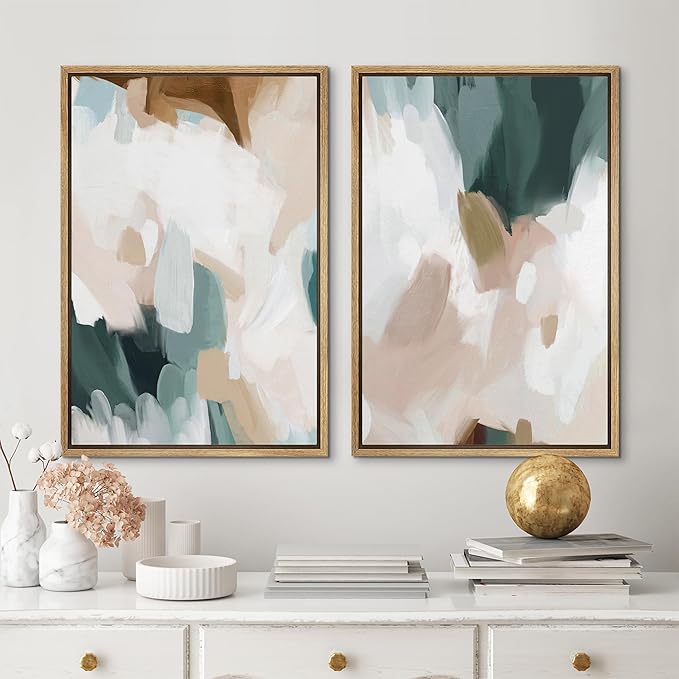 MUDECOR Framed Canvas Print Wall Art Watercolor Pastel White Blue Pattern Abstract Illustrations Modern Art Decorative Bohemian Colorful Chic for Living Room, Bedroom, Office - 24"x36"x2 Natural