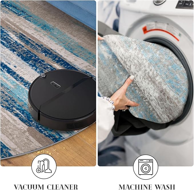 Modern Abstract Round Rug 3Ft, Blue Round Rug Washable Non-Slip Soft Small Circle Rug, Circular Entryway Rugs Thin Print Faux Wool Carpet Accent Rug for Bedroom Living Room Office Under Desk