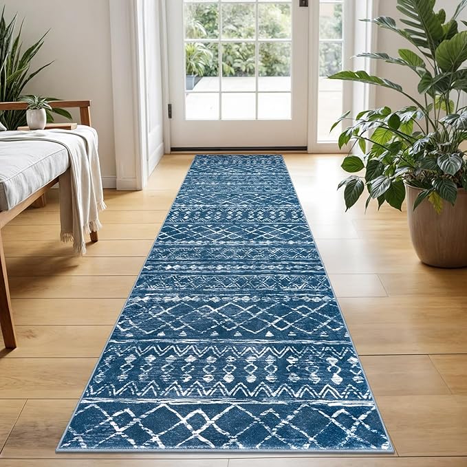 KUTA Boho Entryway Runner 2x5 ft Blue Moroccan Washable Kitchen Rug Non-Slip Vintage Hallway Runners Ultra Soft Distressed Geometric Floor Carpet for Bedroom Laundry Living Room