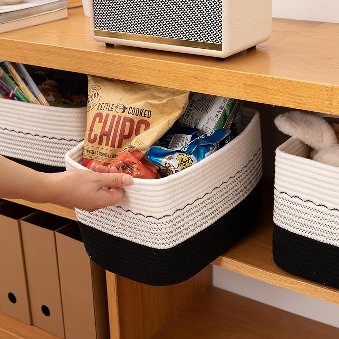 4 Pack Storage Baskets for Organizing, 13"X9"X7.87", Decorative Cotton Rope Baskets with Wave-Patterned Embroidery for Shelves, Small Woven Basket for Toys, Books and Towels, Black & White
