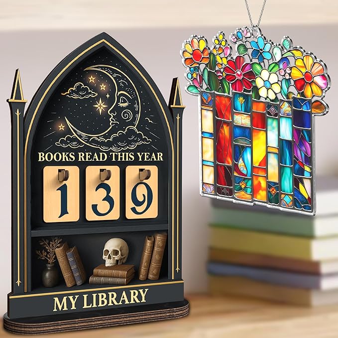Books Read This Year Counter, Fantasy Book Tracker Sign for Home Library Decor, Bookworm Gift for Women, Teachers, Writers, Gothic Readers, Bookshelf Accessories with Book Suncatcher Ornament FF815