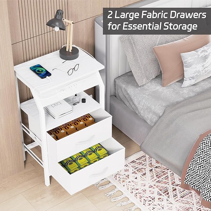 LED End Table, Nightstand with 2 Drawers and Charging Station Type C Port, Storage Fabric Dresser for Bedside, Small Side Table for Living Room Dorm, White