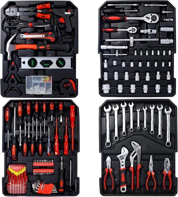 969pcs Home Repair Tool Set Kit for Men, Toolbox Storage Case with 4 Drawers, General Household Tool Kit with Rolling Tool Box, Tool Set Kit for Maintenance, Garden, Homeowner, Handyman -Black