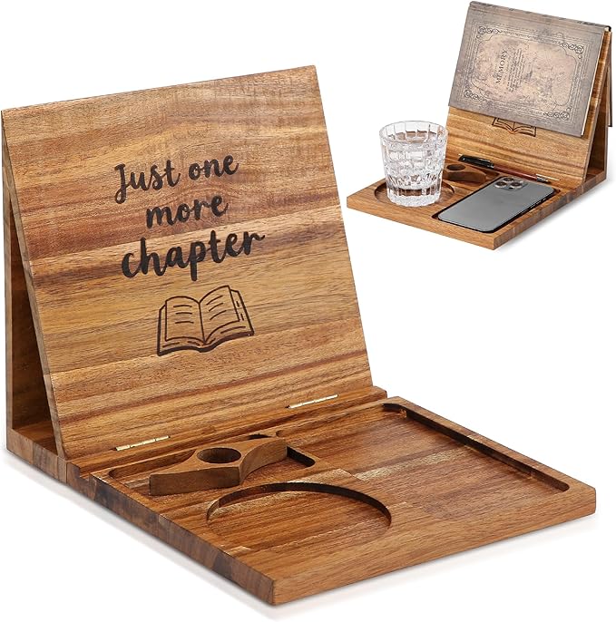 Book Holder Stand for Reading Rest, Wooden Foldable Bookshelf with Thumb Page Holder, Cup, iPad & Phone Stand, Book Nook Reading Valet Desktop Triangle Bookstand for Readers Bookworms Gifts