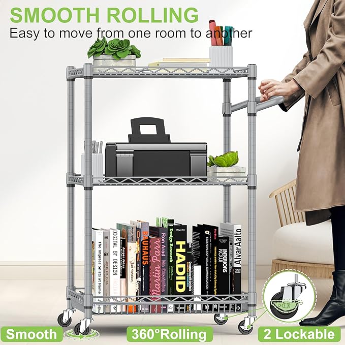 3 Tier Rolling Utility Carts with Wheels Heavy Duty Storage Cart 750Lbs Capacity Adjustable Kitchen Metal Organizer Cart with Handle & Shelf Liner Commercial Service Trolley for Indoor & Outdoor Use
