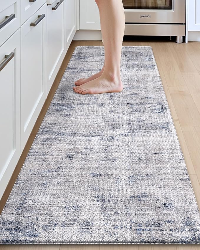 DEXI Kitchen Floor Mats Cushioned Anti Fatigue, 23x86 Long Wide Standing Comfort Runner Rug, Waterproof Retro Floral Memory Foam Padded for Front Sink Laundry, Blue
