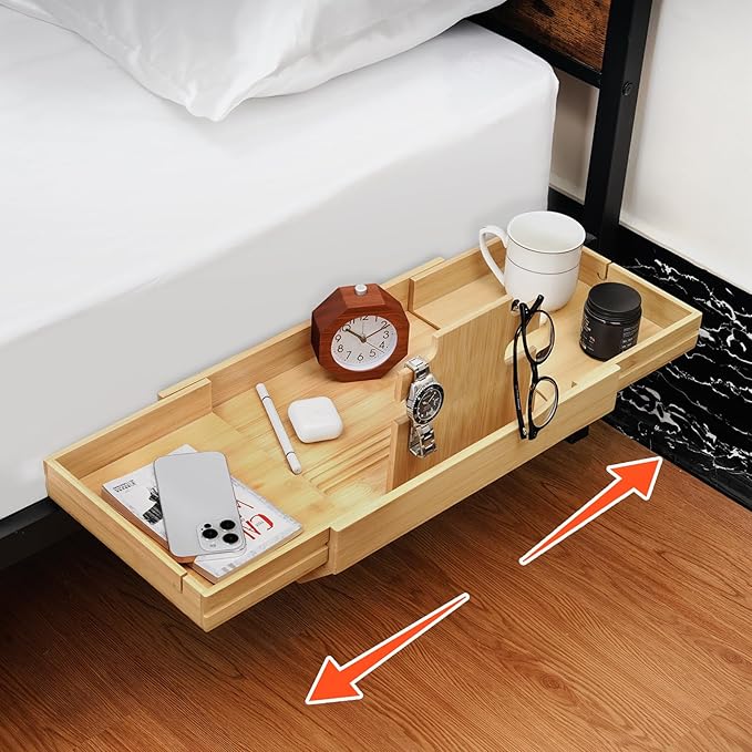 High Capacity Bedside Shelf, Bunk Bed Side Table, Loft Nightstand Organizer Tray, Loft Bed Shelf with Scalable Tray for Dorm Room, Clip On Nightstand with Cord Holder - Natural Bamboo