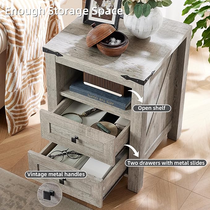 Nightstand with Charging Station and USB Port, Farmhouse Night Stand with 2 Drawers and Shelf Storage, Wooden Side End Table, Bedside Cabinet for Bedroom, Living Room, Closet,Office (Grey)