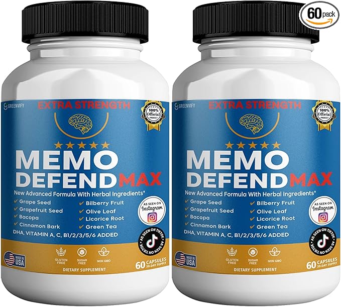 Memo Defend Max Memory Support Supplement, 60 Capsules, with Vitamins A C D E B Complex, DHA, Bacopa, Grapefruit Seed (2)