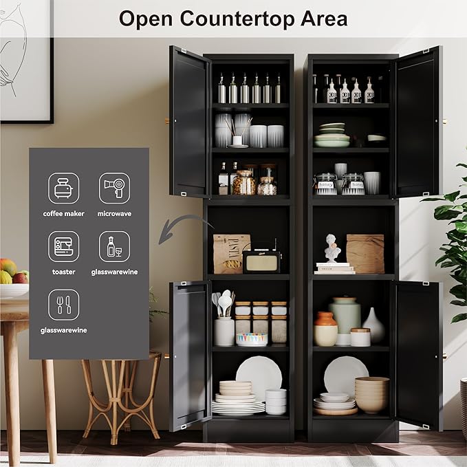 2-Door Metal Storage Cabinet, Tall Slim Pantry Organizer with 3 Adjustable Shelves (120LBS/Shelf), Anti-Tipping Waterproof Cabinet for Bathroom/Kitchen/Home Office/Small Spaces, (1PC,Black)