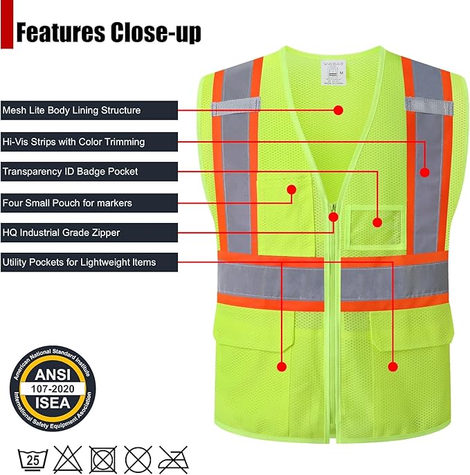 Reflective Safety Vest for Men Women Hi Vis Vest with Pockets High Visibility Vest Mesh Construction Vests Meets ANSI/ISEA Standards (Yellow-33, Small)