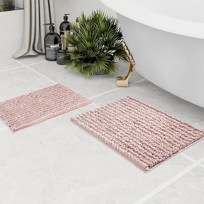 Walensee Bathroom Rug 2 Pieces Set Non Slip Bath Mat (17x24 Plus 20x32 Inch Dusty Pink) Water Absorbent Super Soft Shaggy Chenille Machine Washable Dry Extra Thick Perfect Carpet for Shower Floor