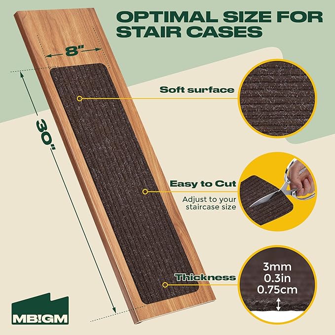 MBIGM 8" X 30" (7 in Pack) Non-Slip Carpet Stair Treads Non-Skid Safety Rug Slip Resistant Indoor Runner for Kids Elders and Pets with Reusable Adhesive - Brown