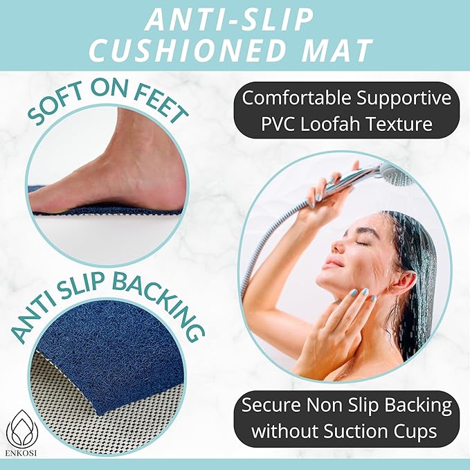 Square Shower Mat - Non Slip Shower Mats for Inside Shower - Extra Large 31x31 Shower Floor Mat Non Slip - Square Bath Mat for Shower - Secure Anti Slip Loofah Shower Bath Mat (31x31 Navy)