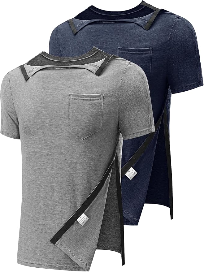 Poriff Men's Post Shoulder Surgery Recovery Shirts Full Tear Away Short Sleeve Snap Chemo Port Access Shirt