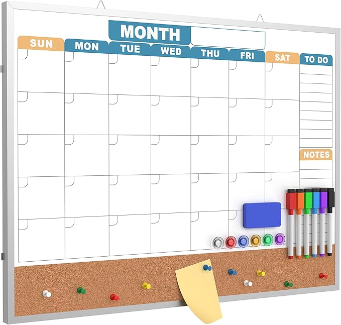Monthly Calendar Dry Erase Board 24x18 Inch, Double-Sided Whiteboard and Corkboard Combo with Silver Aluminum Frame (Color Calendar), Wall Mounted Planner with Marker, Magnet, Push Pin, Eraser