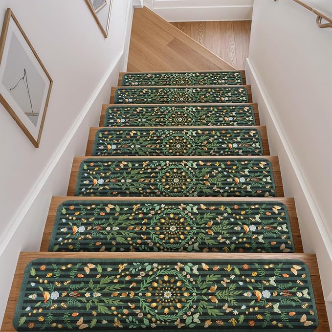 OJIA Black Stair Treads for Wooden Steps Indoor Stair Runners 15PCS 30"x8" Non Slip Stair Treads, Rubber Backed Insect Print Stair Mat Carpet Treads for Kids & Dogs, Stair Covers