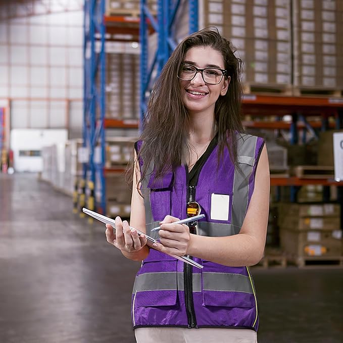 A-SAFETY High Vis Safety Vest for Women - Reflective Strips, Multi-Pockets, Zipper Closure