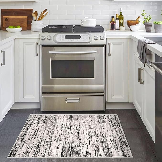 Modern Abstract Entryway Rug Indoor 2x3 Washable Rug Non-Slip Soft Small Area Rug White Black Grey Taupe Kitchen Mats Thin Print Faux Wool Floor Carpet Throw Rugs for Entrance Bedroom Office