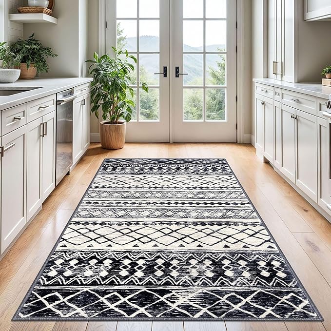 KUTA 4x6 Rug Boho Rugs for Living Room, Moroccan Washable Kitchen Rug Non Slip, Black Navy Blue Ultra Soft Print Geometric Entry Low-Pile Throw Carpet for Bedroom Nursery Dorm Decor