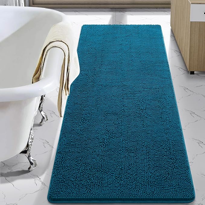 LOCHAS Luxury Bathroom Rug Shaggy Bath Mat 24 x 70 Inch, Washable Non Slip Bath Rugs for Bathroom Shower, Soft Plush Chenille Absorbent Carpets Mats, Peacock Blue